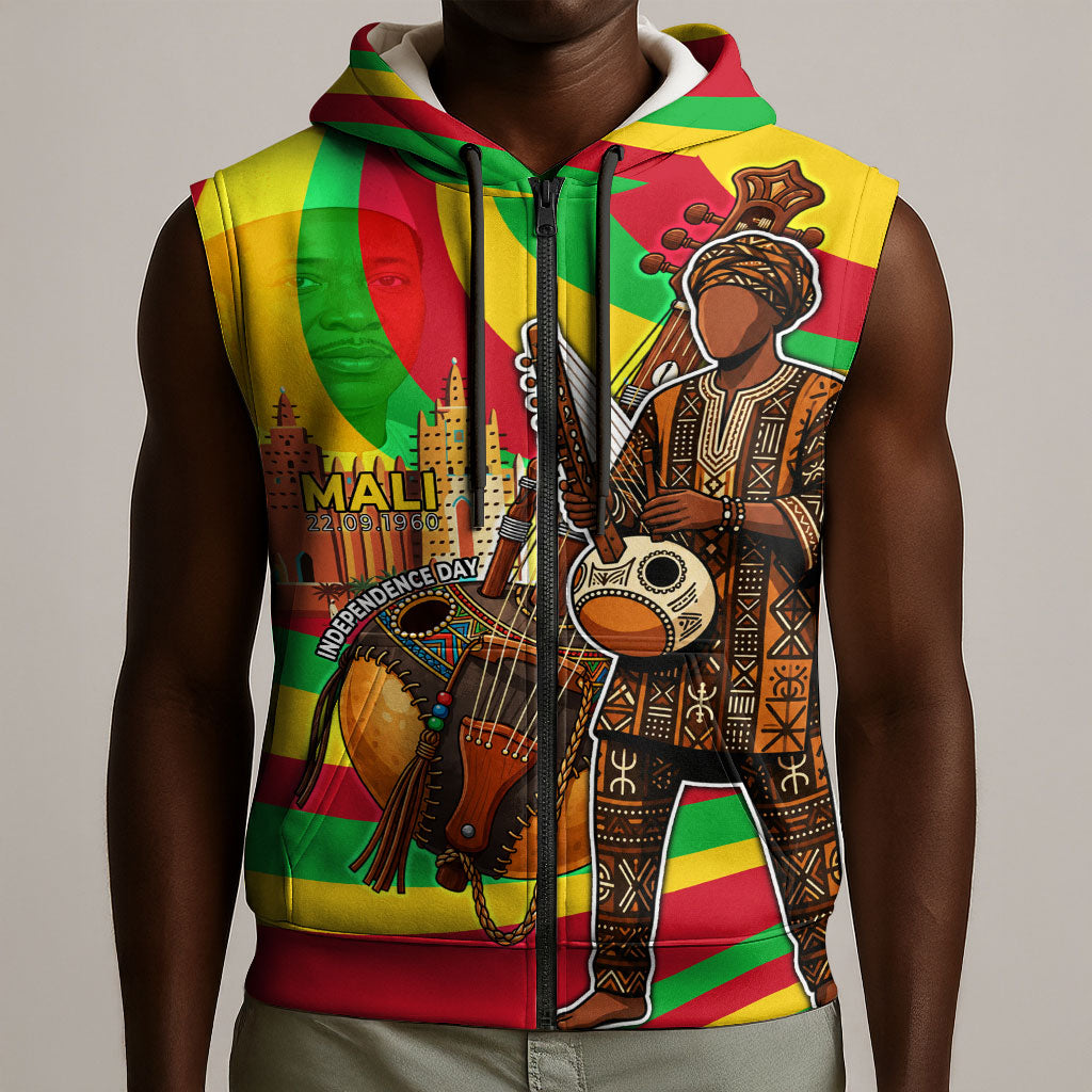 Mali Independence Day Sleeveless Zip Hoodie West African Kora Musician Cultural