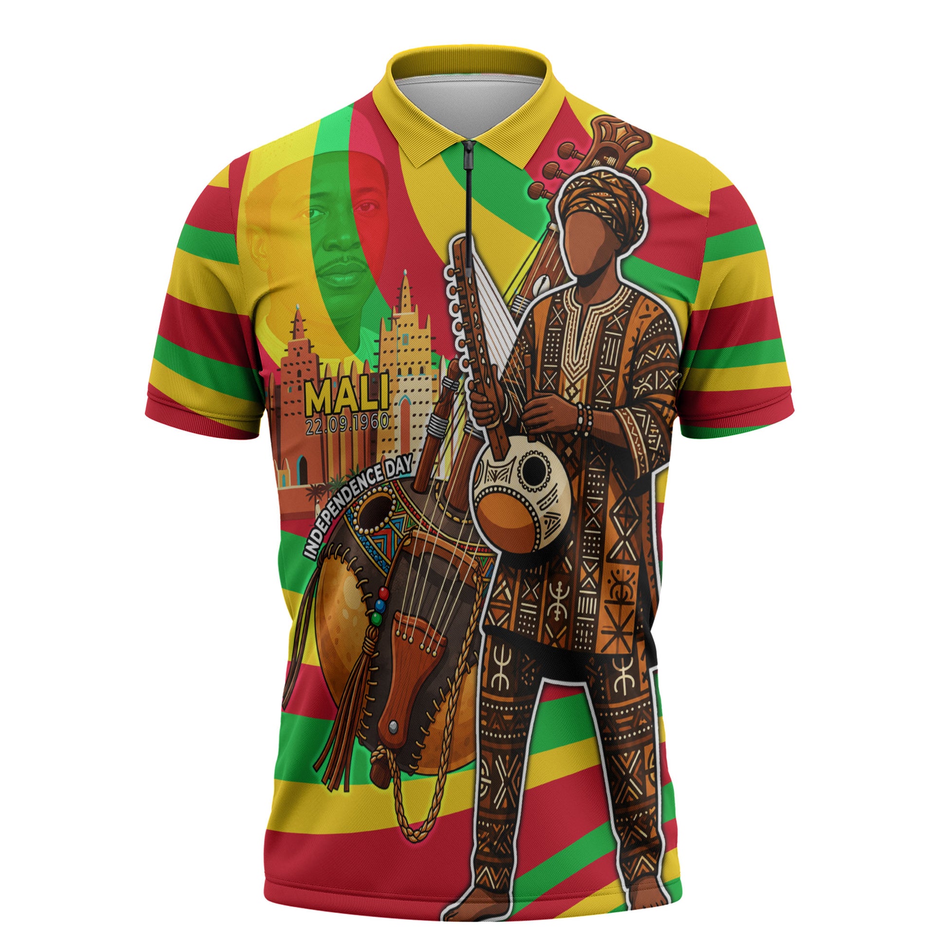 Mali Independence Day Zipper Polo Shirt West African Kora Musician Cultural