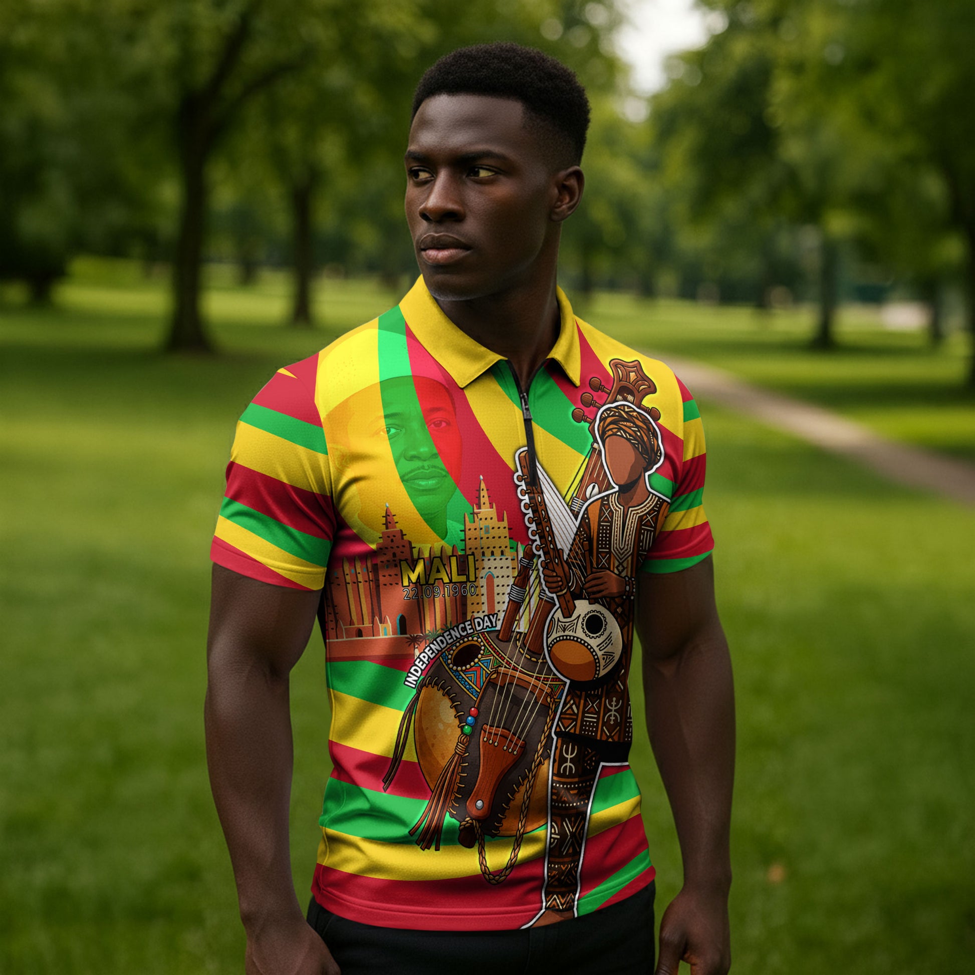 Mali Independence Day Zipper Polo Shirt West African Kora Musician Cultural