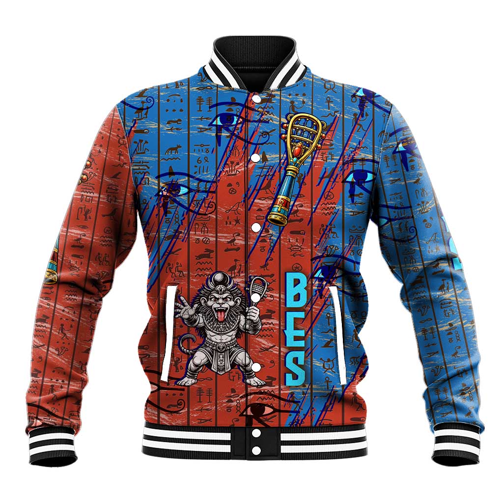 Bes Baseball Jacket Ancient Egyptian Hieroglyphs and Sacred Symbols Ancient Myth - African Pride