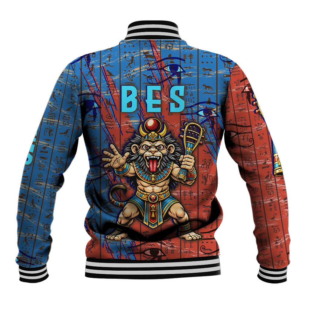 Bes Baseball Jacket Ancient Egyptian Hieroglyphs and Sacred Symbols Ancient Myth - African Pride