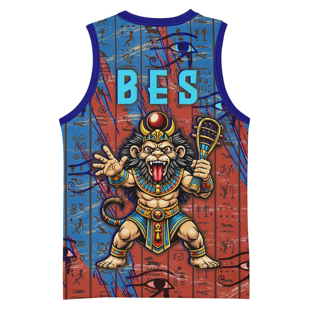Bes Basketball Jersey Ancient Egyptian Hieroglyphs and Sacred Symbols Ancient Myth - African Pride