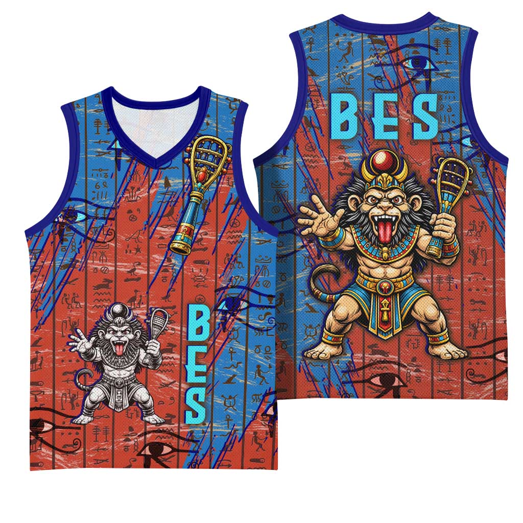 Bes Basketball Jersey Ancient Egyptian Hieroglyphs and Sacred Symbols Ancient Myth - African Pride