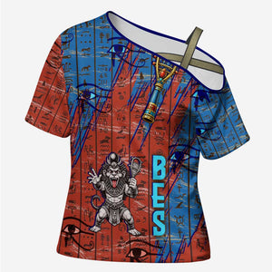 Bes Cross Shoulder Shirt Ancient Egyptian Hieroglyphs and Sacred Symbols Ancient Myth - African Pride