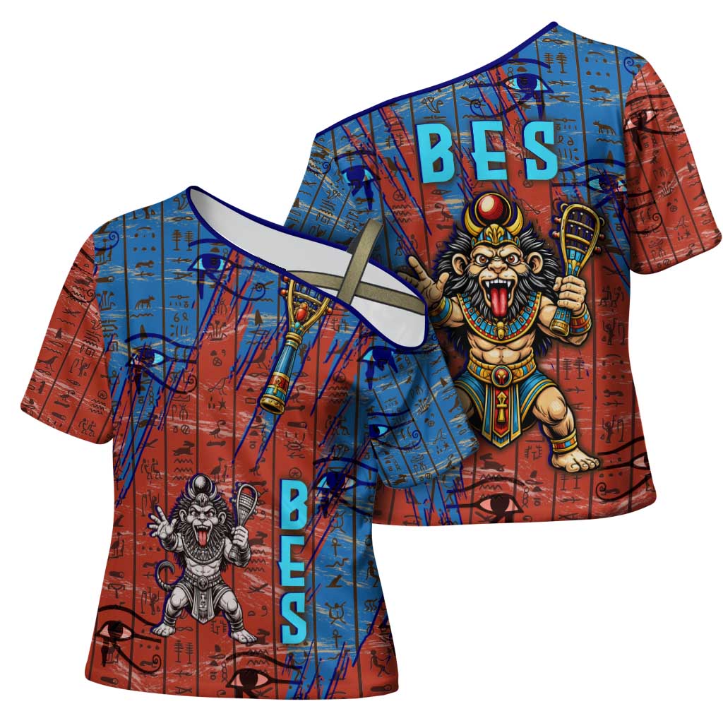 Bes Cross Shoulder Shirt Ancient Egyptian Hieroglyphs and Sacred Symbols Ancient Myth - African Pride