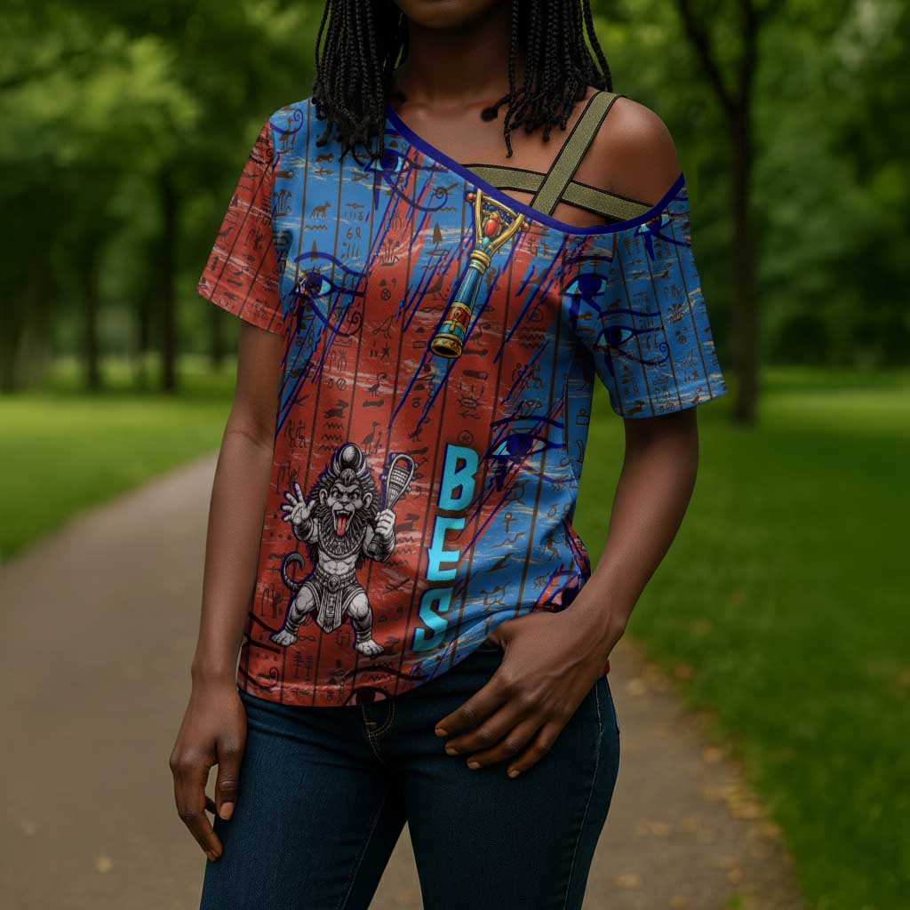 Bes Cross Shoulder Shirt Ancient Egyptian Hieroglyphs and Sacred Symbols Ancient Myth - African Pride