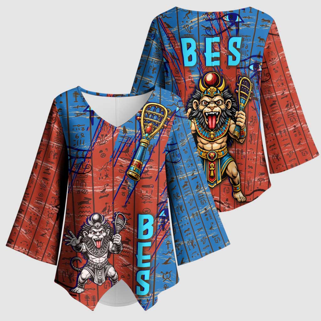 Bes Kimono Sleeve Blouse Ancient Egyptian Hieroglyphs and Sacred Symbols Ancient Myth - African Pride