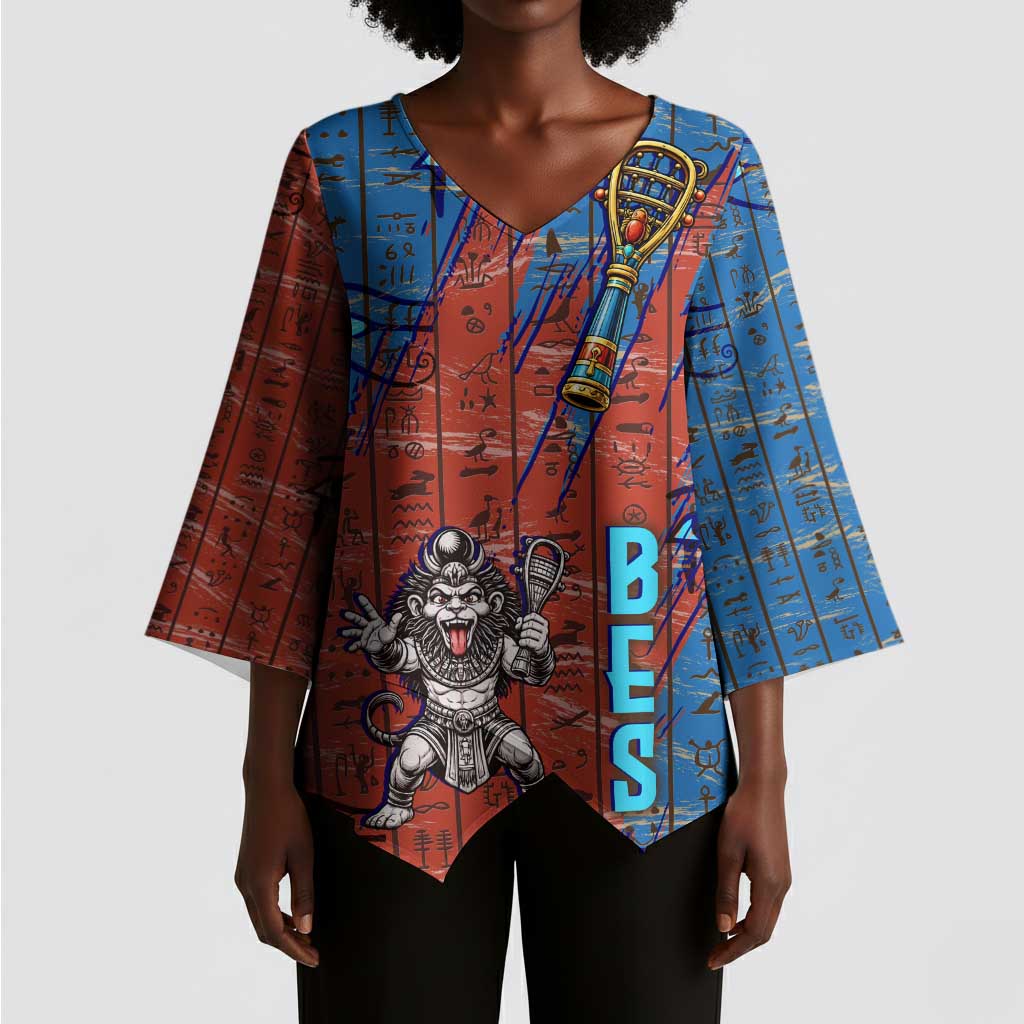 Bes Kimono Sleeve Blouse Ancient Egyptian Hieroglyphs and Sacred Symbols Ancient Myth - African Pride