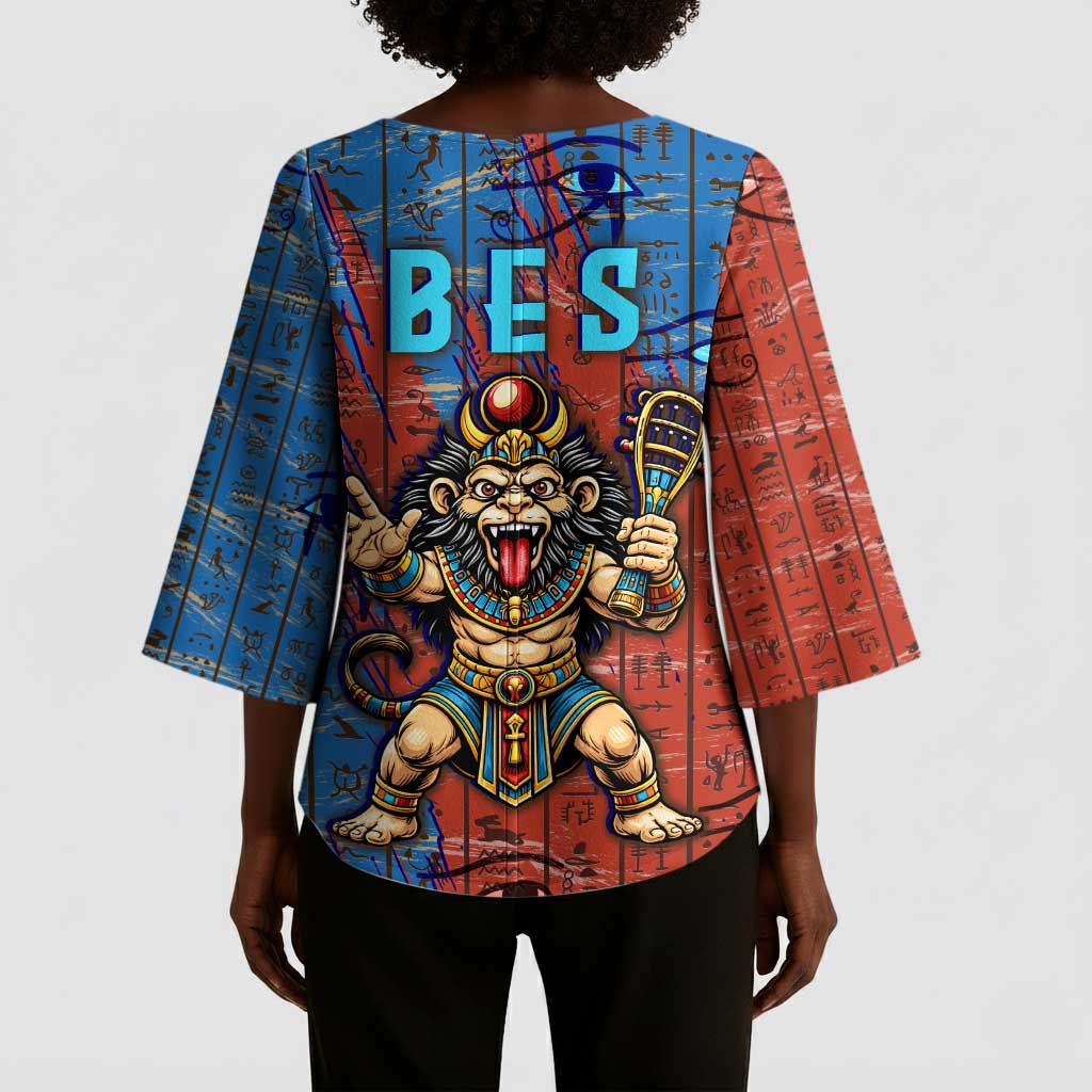 Bes Kimono Sleeve Blouse Ancient Egyptian Hieroglyphs and Sacred Symbols Ancient Myth - African Pride