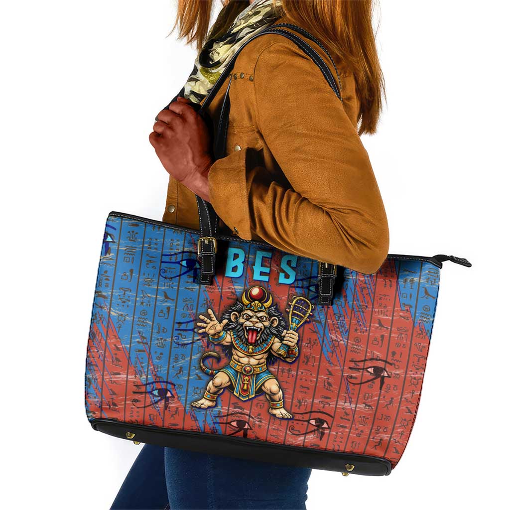 Bes Leather Tote Bag Ancient Egyptian Hieroglyphs and Sacred Symbols Ancient Myth - African Pride