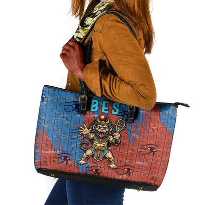 Bes Leather Tote Bag Ancient Egyptian Hieroglyphs and Sacred Symbols Ancient Myth - African Pride
