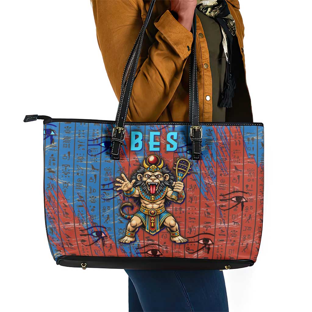 Bes Leather Tote Bag Ancient Egyptian Hieroglyphs and Sacred Symbols Ancient Myth - African Pride