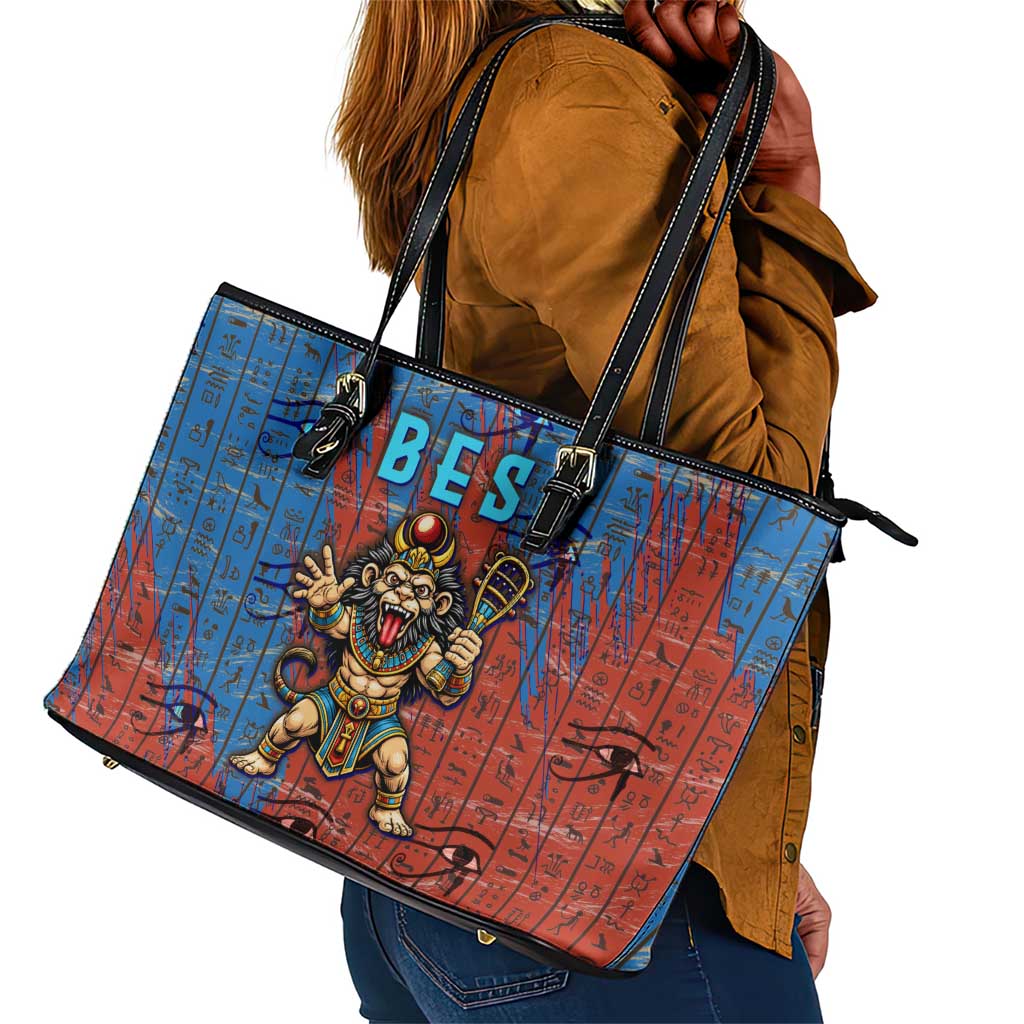 Bes Leather Tote Bag Ancient Egyptian Hieroglyphs and Sacred Symbols Ancient Myth - African Pride