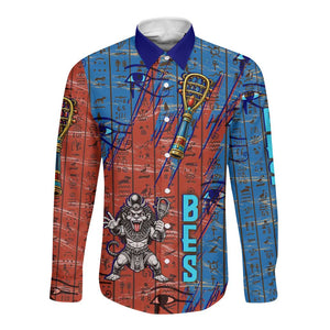 Bes Long Sleeve Button Shirt Ancient Egyptian Hieroglyphs and Sacred Symbols Ancient Myth - African Pride