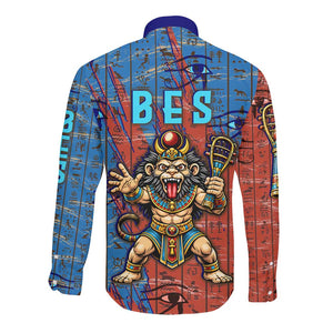Bes Long Sleeve Button Shirt Ancient Egyptian Hieroglyphs and Sacred Symbols Ancient Myth - African Pride