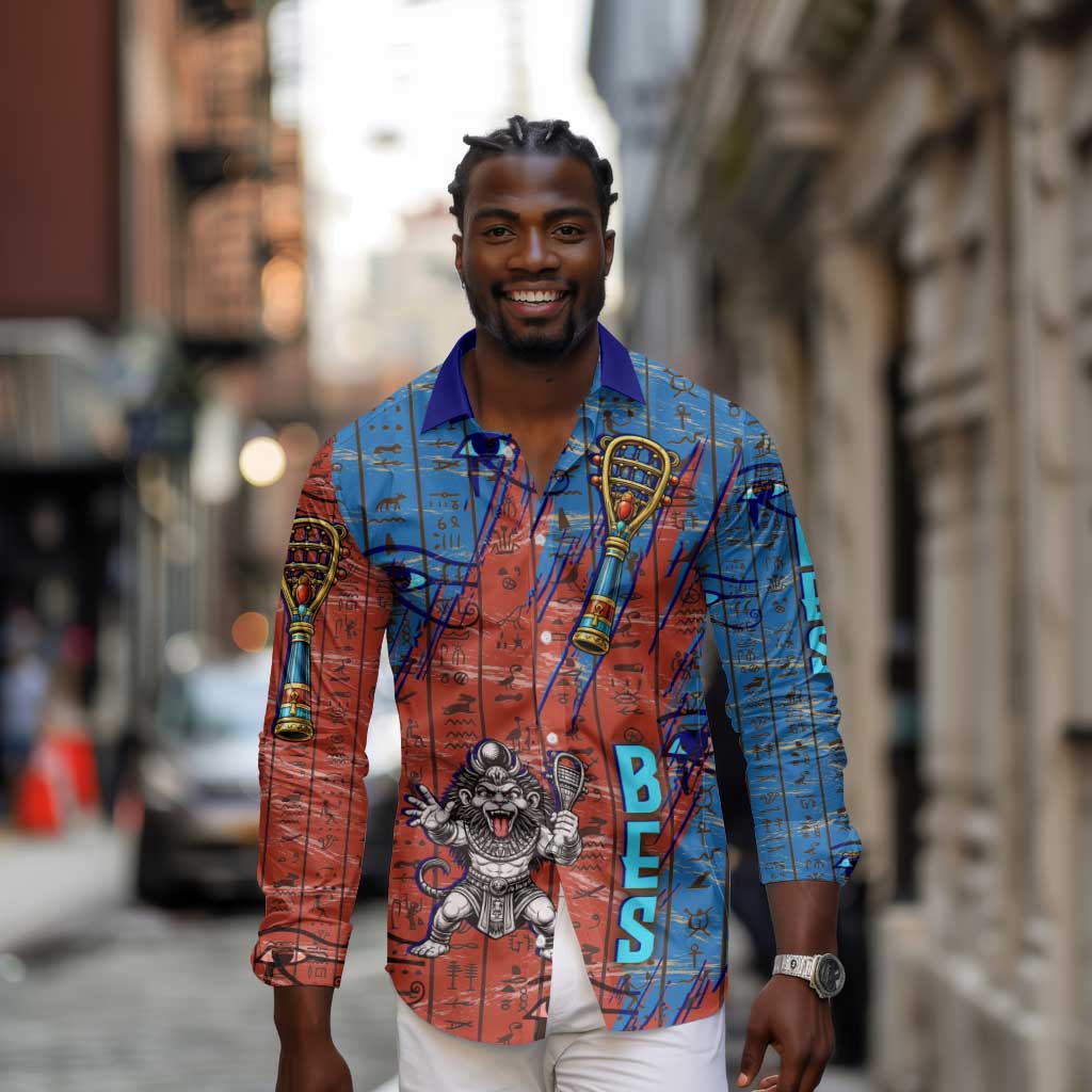 Bes Long Sleeve Button Shirt Ancient Egyptian Hieroglyphs and Sacred Symbols Ancient Myth - African Pride