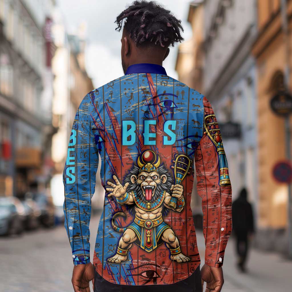 Bes Long Sleeve Button Shirt Ancient Egyptian Hieroglyphs and Sacred Symbols Ancient Myth - African Pride