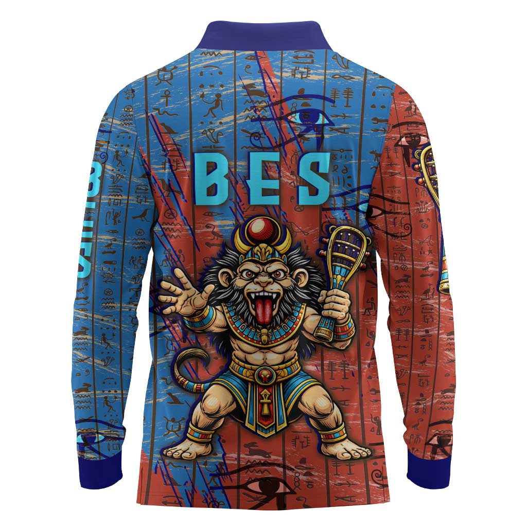 Bes Long Sleeve Polo Shirt Ancient Egyptian Hieroglyphs and Sacred Symbols Ancient Myth - African Pride