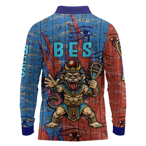 Bes Long Sleeve Polo Shirt Ancient Egyptian Hieroglyphs and Sacred Symbols Ancient Myth - African Pride
