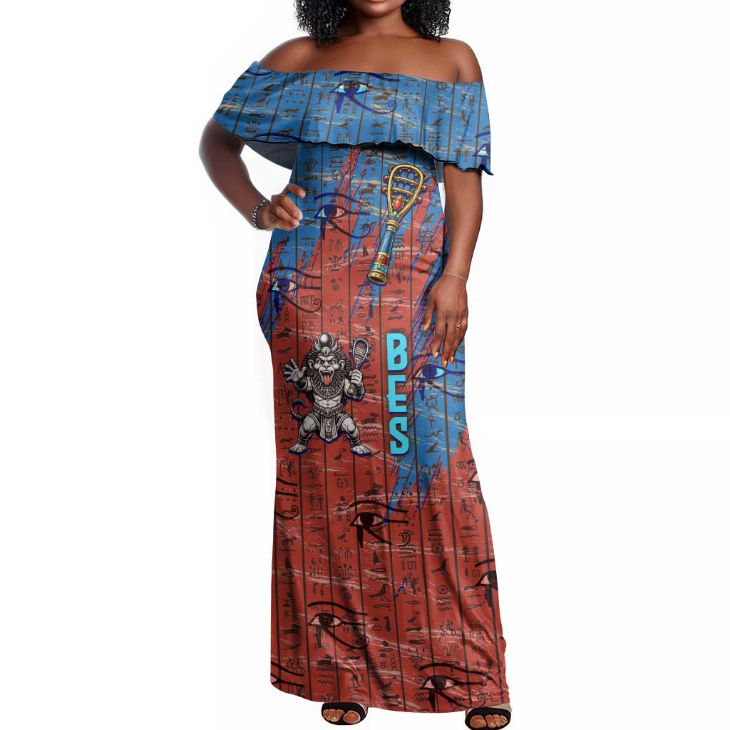 Bes Off Shoulder Maxi Dress Ancient Egyptian Hieroglyphs and Sacred Symbols Ancient Myth - African Pride