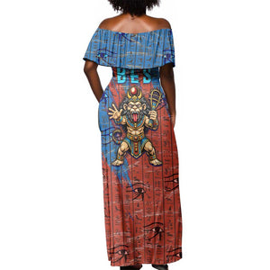Bes Off Shoulder Maxi Dress Ancient Egyptian Hieroglyphs and Sacred Symbols Ancient Myth - African Pride