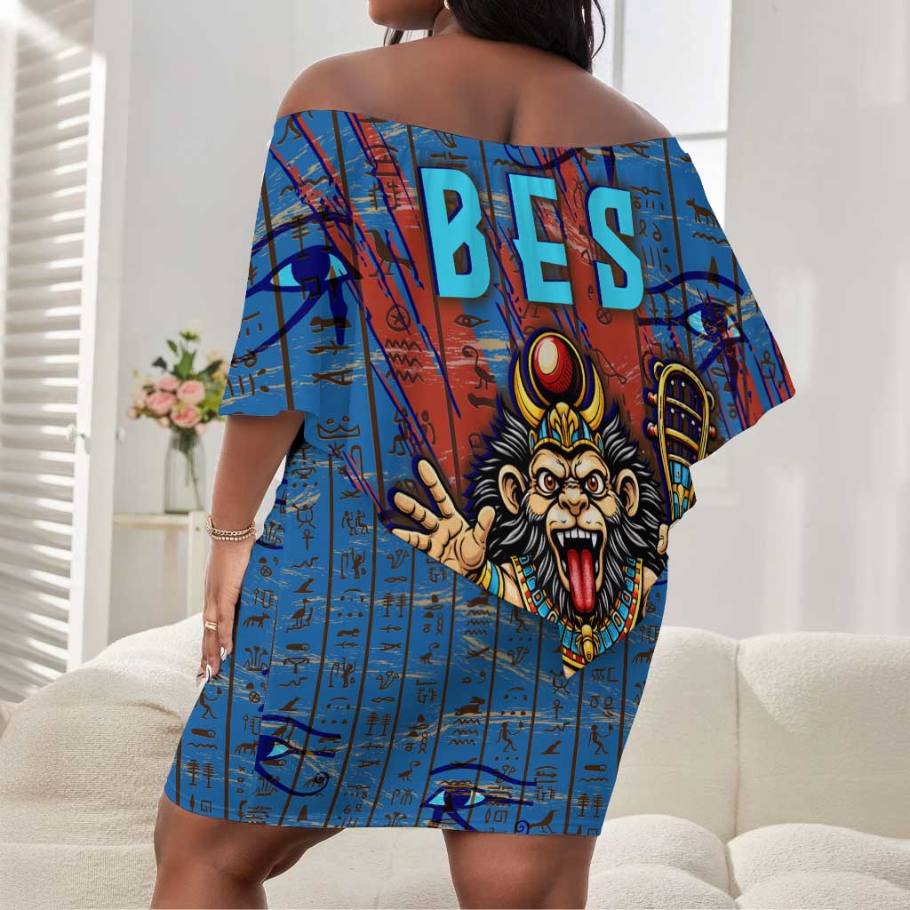 Bes Off Shoulder Short Dress Ancient Egyptian Hieroglyphs and Sacred Symbols Ancient Myth - African Pride