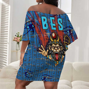 Bes Off Shoulder Short Dress Ancient Egyptian Hieroglyphs and Sacred Symbols Ancient Myth - African Pride