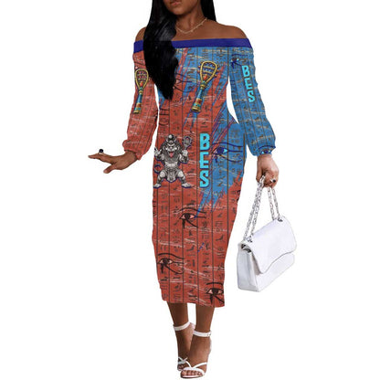 Bes Off The Shoulder Long Sleeve Dress Ancient Egyptian Hieroglyphs and Sacred Symbols Ancient Myth - African Pride