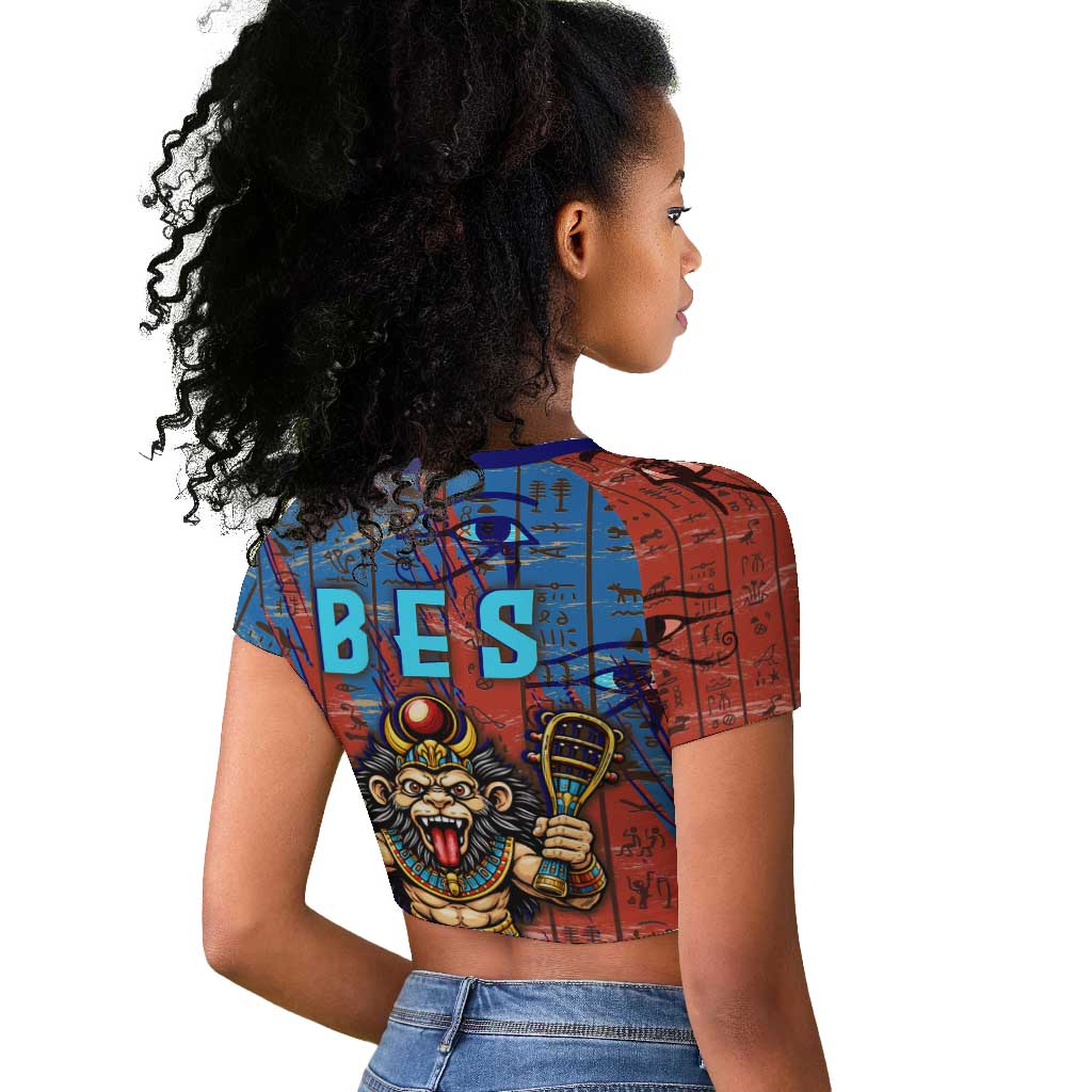 Bes Raglan Cropped T shirt Ancient Egyptian Hieroglyphs and Sacred Symbols Ancient Myth - African Pride