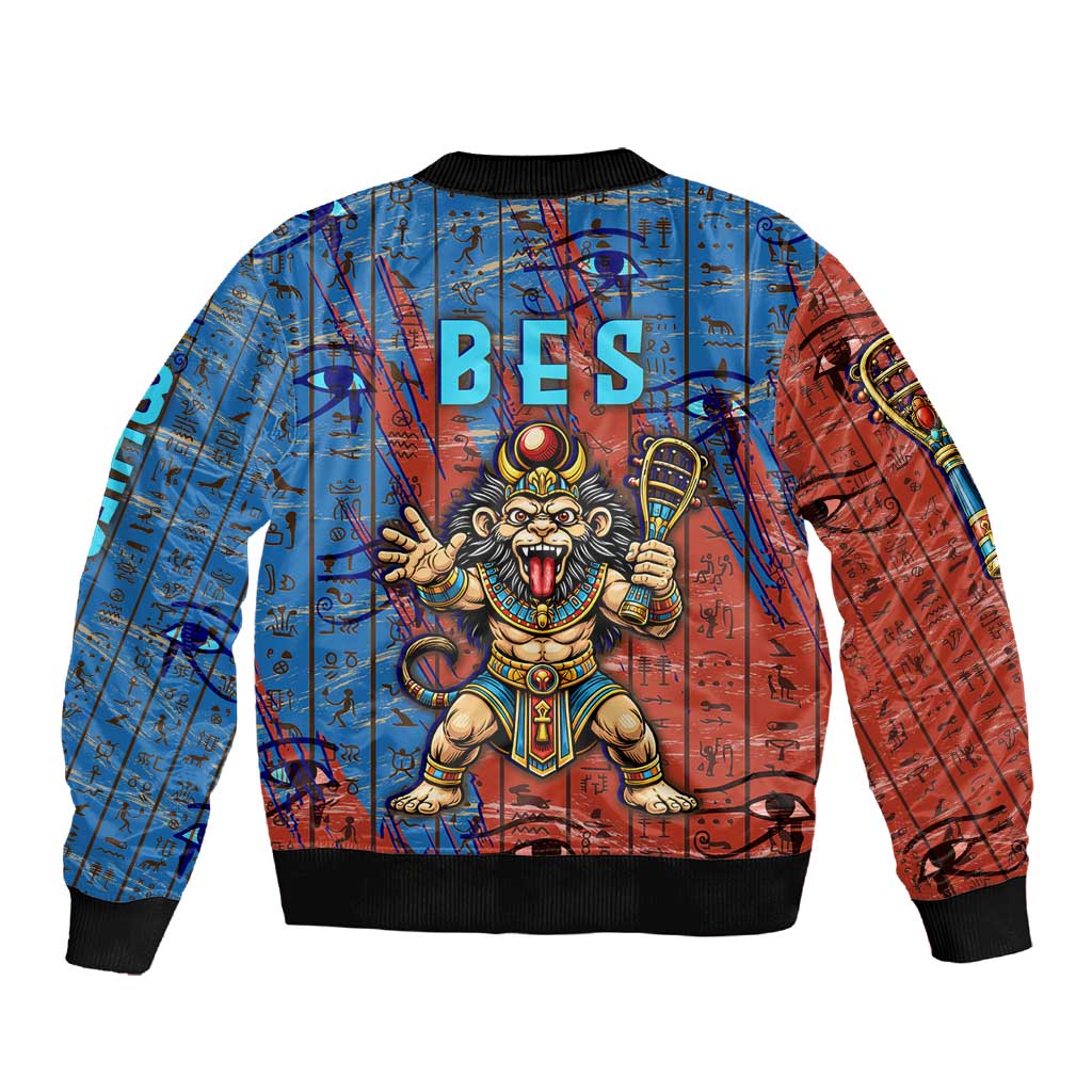 Bes Sleeve Zip Bomber Jacket Ancient Egyptian Hieroglyphs and Sacred Symbols Ancient Myth - African Pride