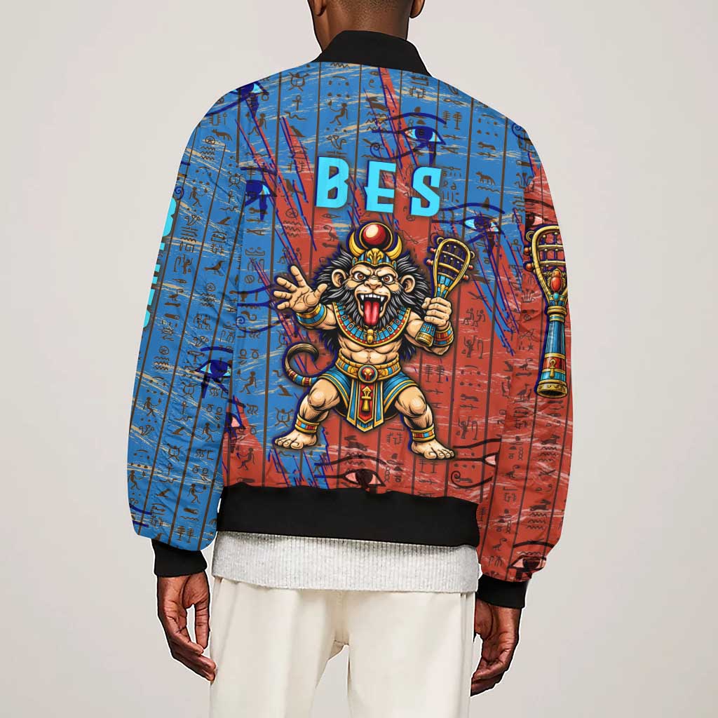 Bes Sleeve Zip Bomber Jacket Ancient Egyptian Hieroglyphs and Sacred Symbols Ancient Myth - African Pride