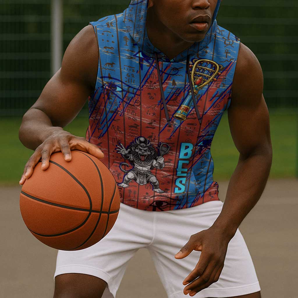 Bes Sleeveless Hoodie Ancient Egyptian Hieroglyphs and Sacred Symbols Ancient Myth - African Pride