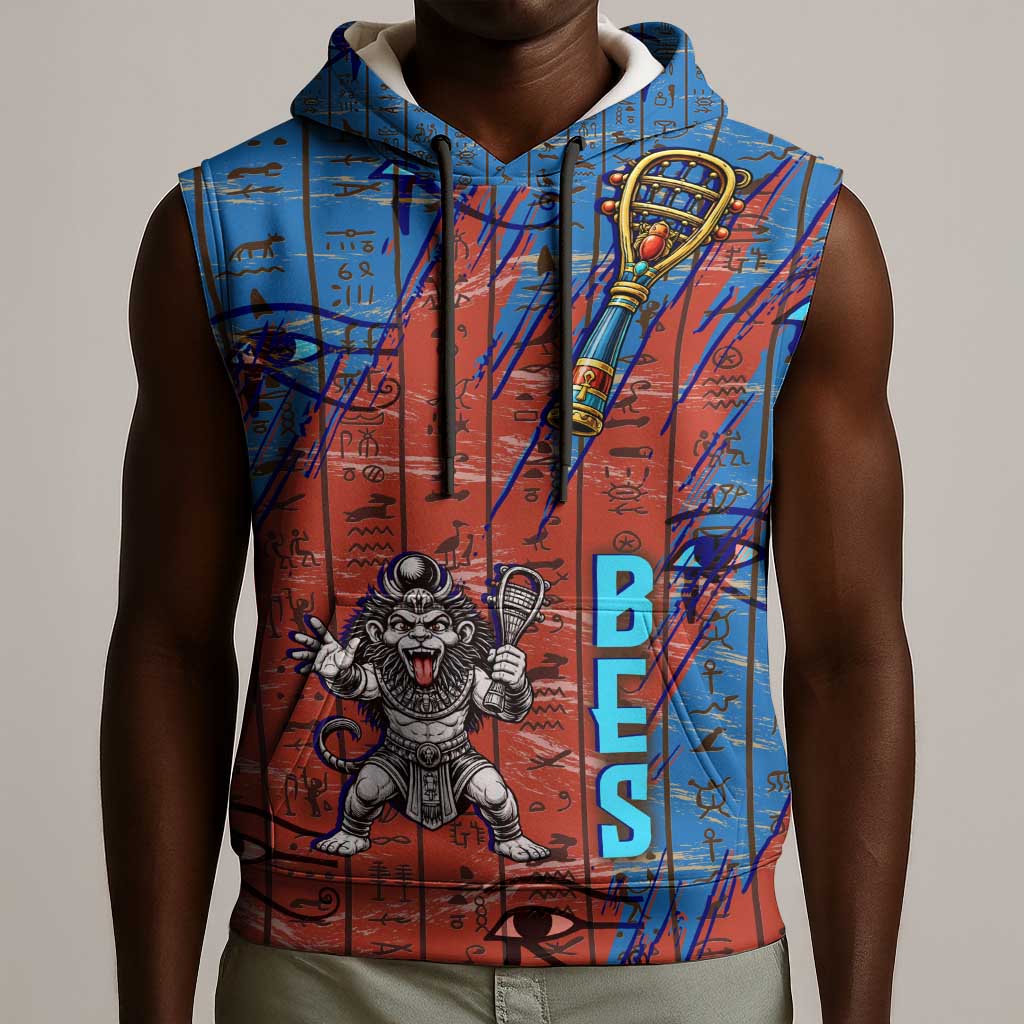 Bes Sleeveless Hoodie Ancient Egyptian Hieroglyphs and Sacred Symbols Ancient Myth - African Pride
