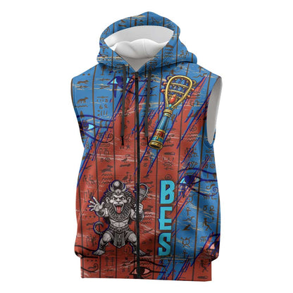 Bes Sleeveless Zip Hoodie Ancient Egyptian Hieroglyphs and Sacred Symbols Ancient Myth - African Pride