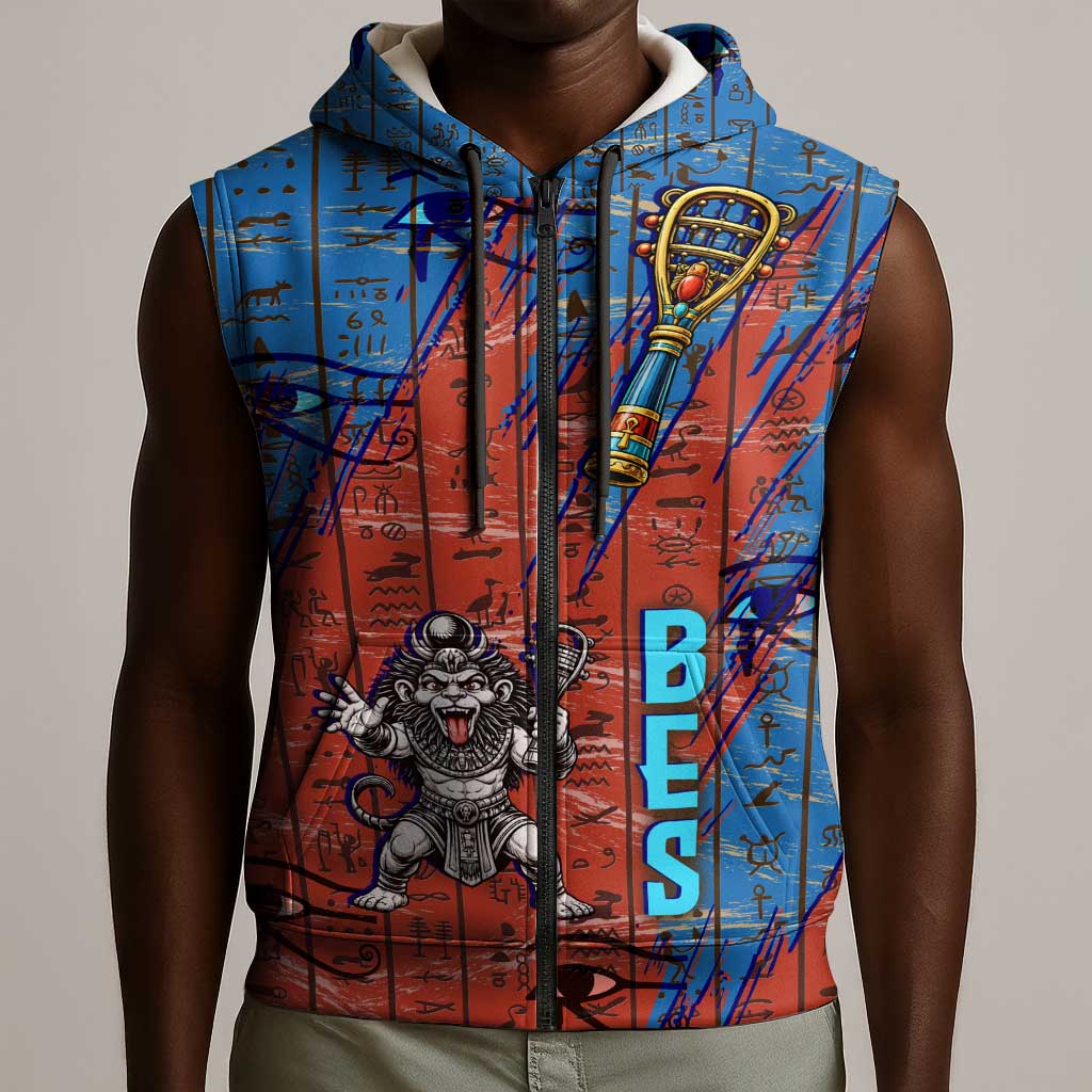Bes Sleeveless Zip Hoodie Ancient Egyptian Hieroglyphs and Sacred Symbols Ancient Myth - African Pride