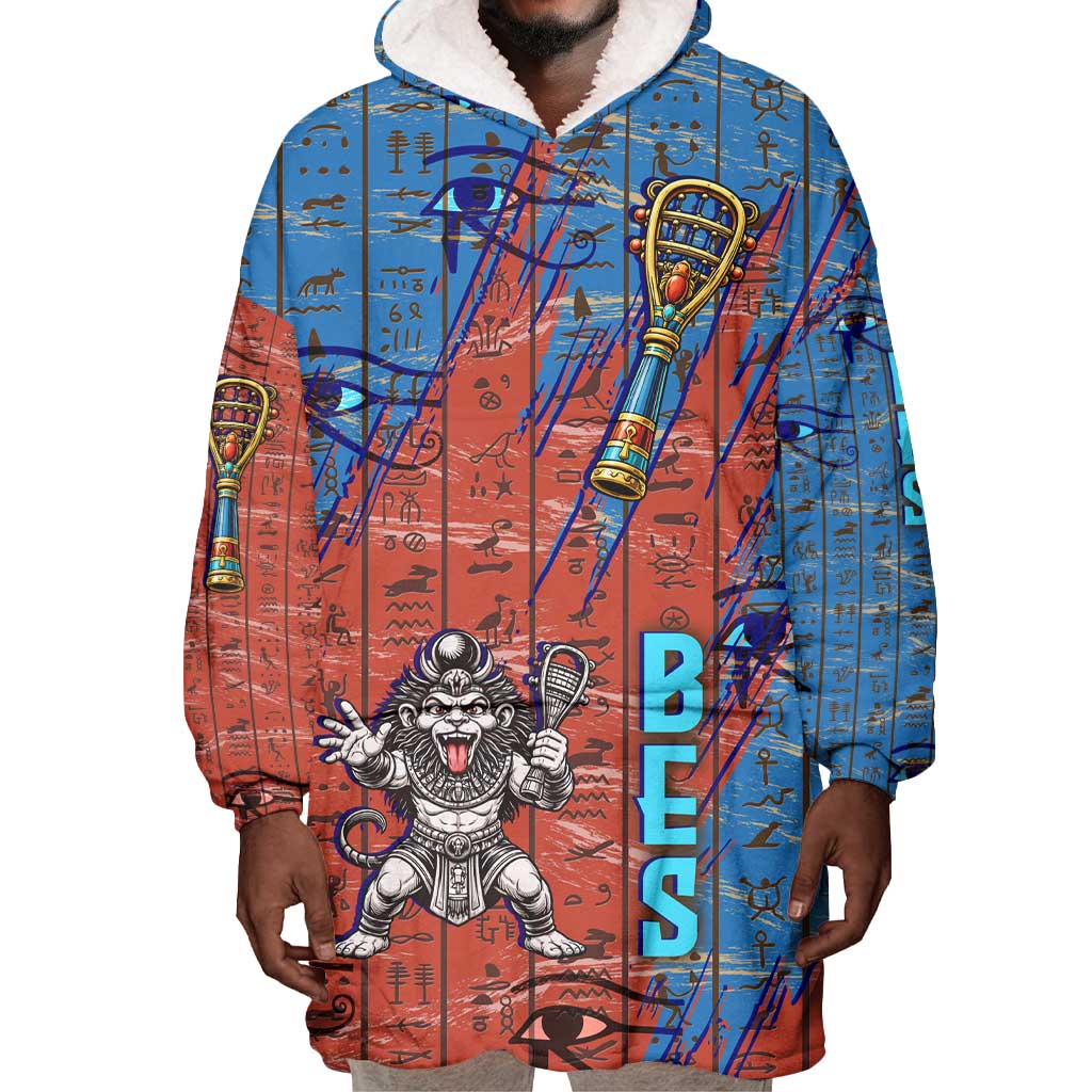 Bes Wearable Blanket Hoodie Ancient Egyptian Hieroglyphs and Sacred Symbols Ancient Myth - African Pride