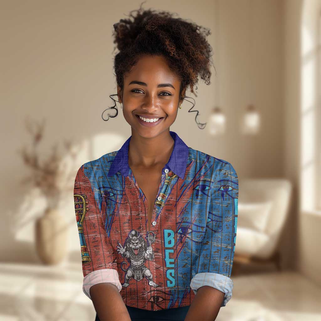 Bes Women Casual Shirt Ancient Egyptian Hieroglyphs and Sacred Symbols Ancient Myth - African Pride