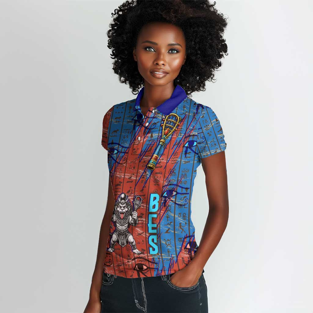 Bes Women Polo Shirt Ancient Egyptian Hieroglyphs and Sacred Symbols Ancient Myth - African Pride