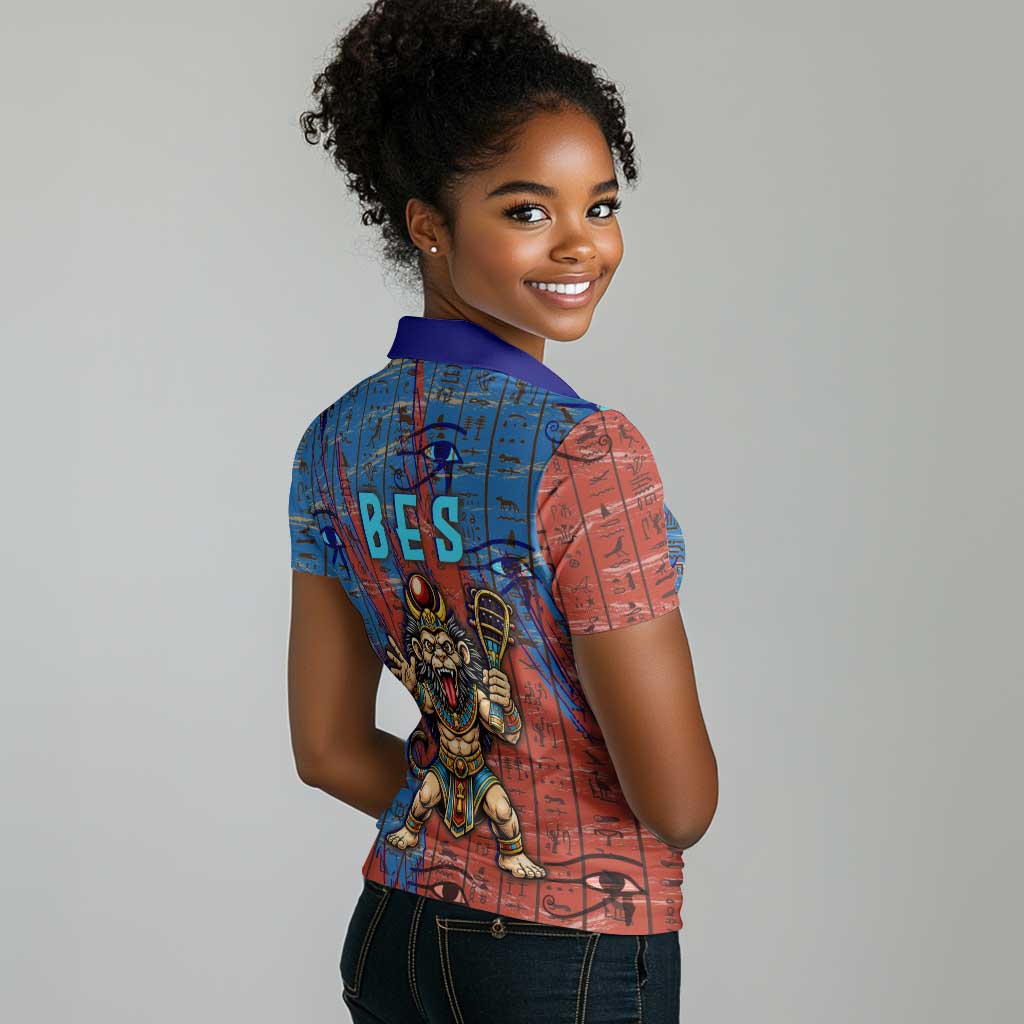Bes Women Polo Shirt Ancient Egyptian Hieroglyphs and Sacred Symbols Ancient Myth - African Pride