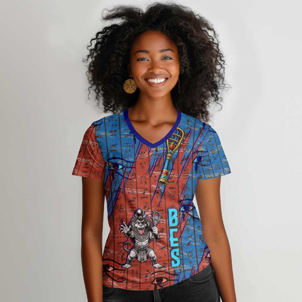 Bes Women V-Neck T-Shirt Ancient Egyptian Hieroglyphs and Sacred Symbols Ancient Myth - African Pride