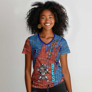 Bes Women V-Neck T-Shirt Ancient Egyptian Hieroglyphs and Sacred Symbols Ancient Myth - African Pride