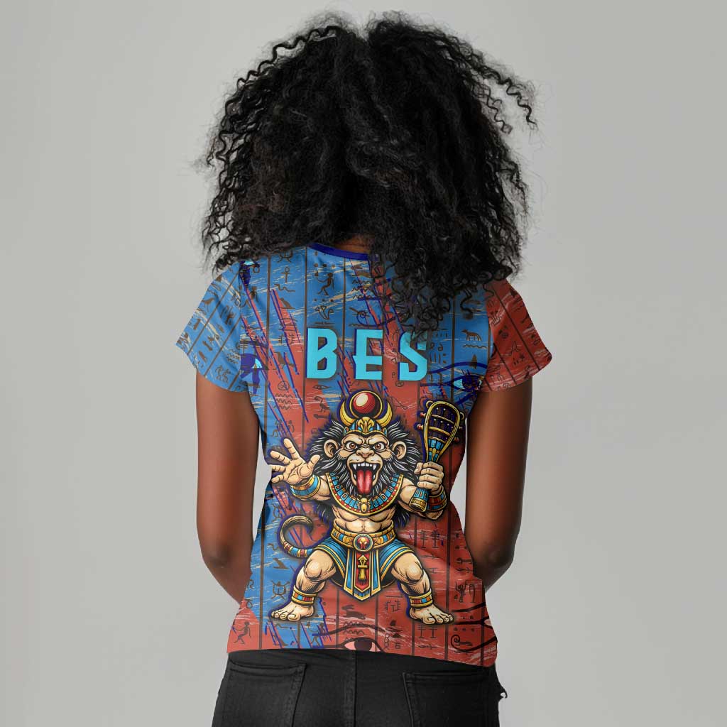Bes Women V-Neck T-Shirt Ancient Egyptian Hieroglyphs and Sacred Symbols Ancient Myth - African Pride