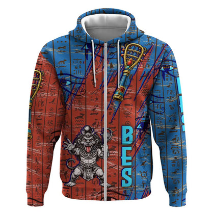Bes Zip Hoodie Ancient Egyptian Hieroglyphs and Sacred Symbols Ancient Myth - African Pride