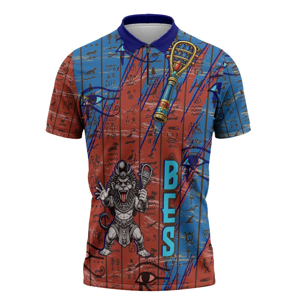 Bes Zipper Polo Shirt Ancient Egyptian Hieroglyphs and Sacred Symbols Ancient Myth - African Pride