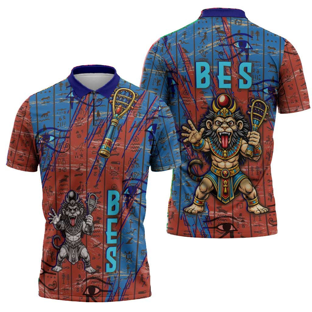 Bes Zipper Polo Shirt Ancient Egyptian Hieroglyphs and Sacred Symbols Ancient Myth - African Pride