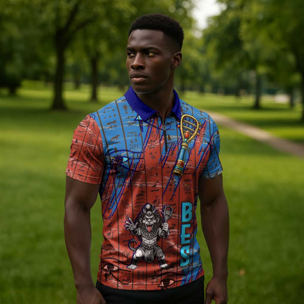 Bes Zipper Polo Shirt Ancient Egyptian Hieroglyphs and Sacred Symbols Ancient Myth - African Pride