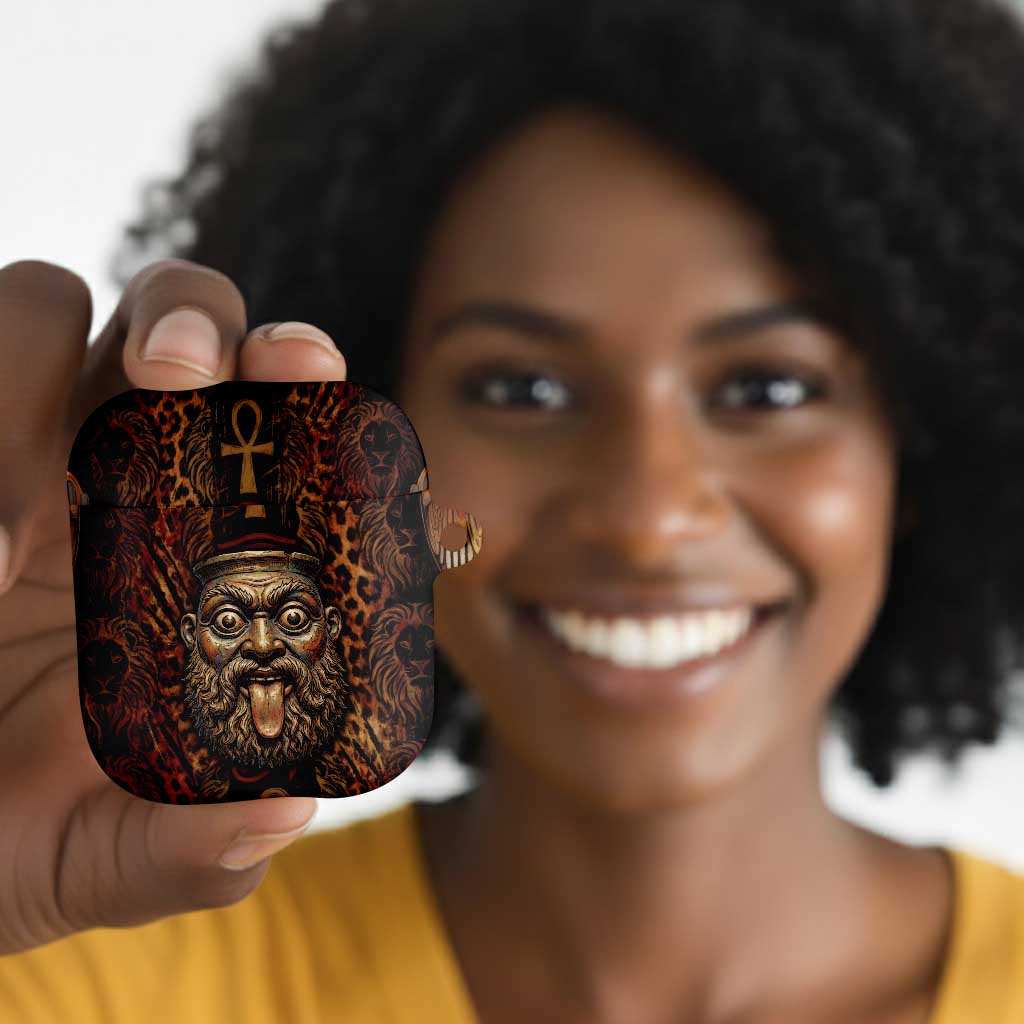 Bes Ancient Egyptian AirPods Case with Leopard Print Ankh and Eye of Horus Egyptian Deity Tribute - African Pride