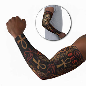Bes Ancient Egyptian Arm Sleeves with Leopard Print Ankh and Eye of Horus Egyptian Deity Tribute - African Pride