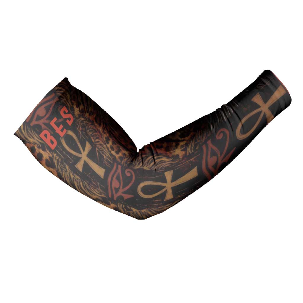 Bes Ancient Egyptian Arm Sleeves with Leopard Print Ankh and Eye of Horus Egyptian Deity Tribute - African Pride