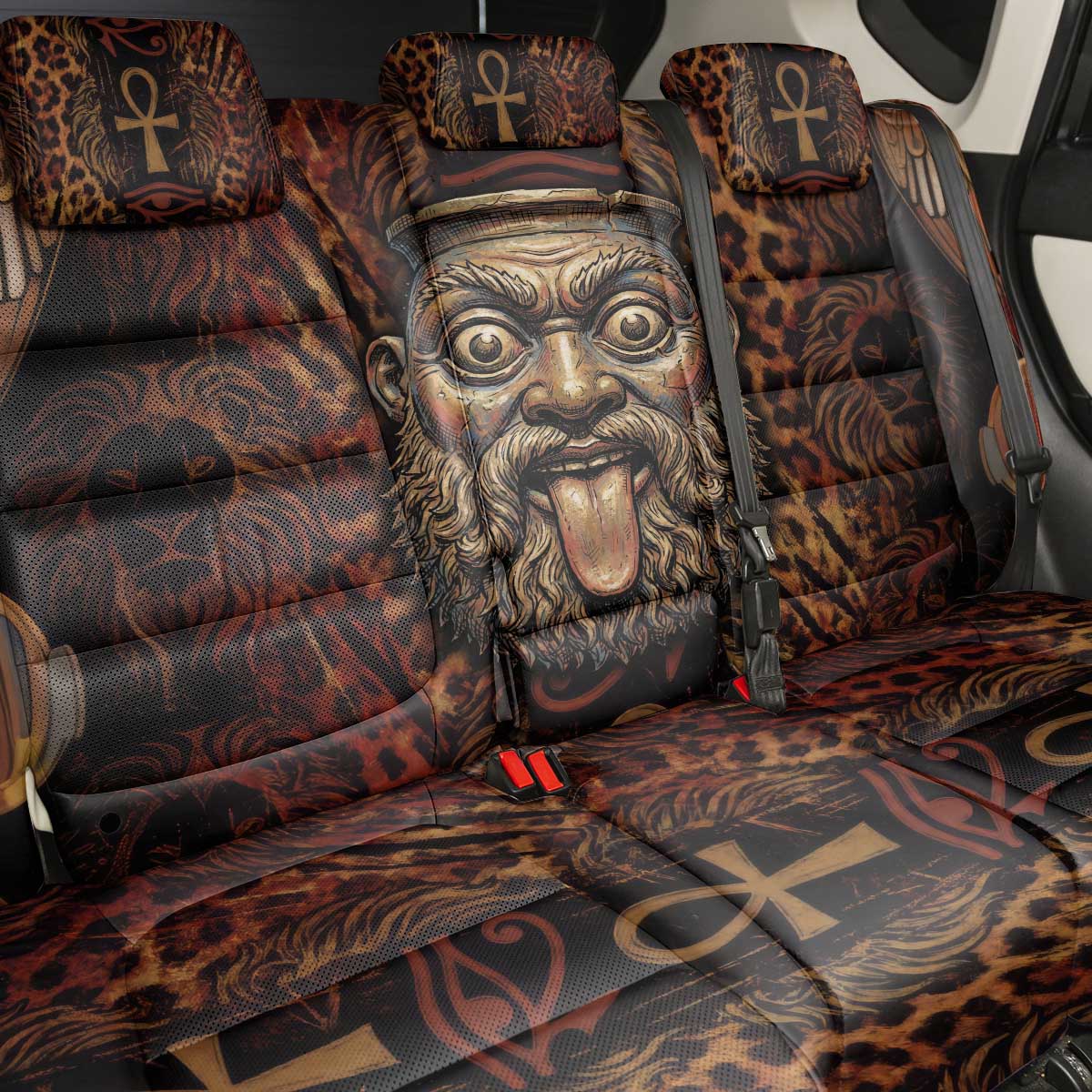 Bes Ancient Egyptian Back Car Seat Cover with Leopard Print Ankh and Eye of Horus Egyptian Deity Tribute - African Pride